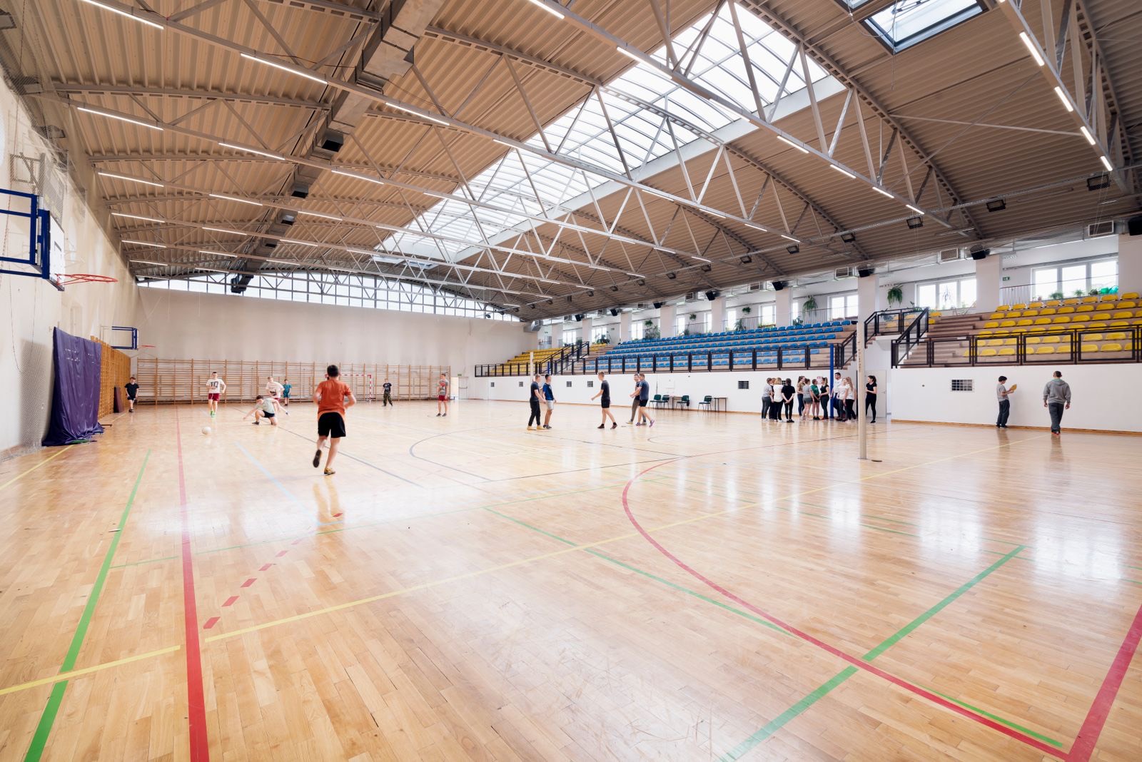 Gymnasium hardwood court with painted lines